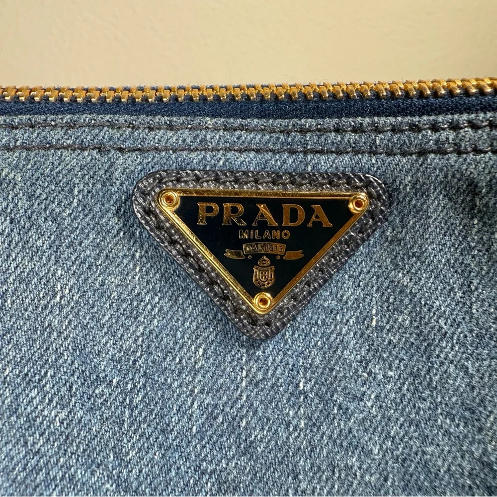 Prada Blue Denim Triangle Logo Pouch with Gold Hardware - Picture 9 of 16